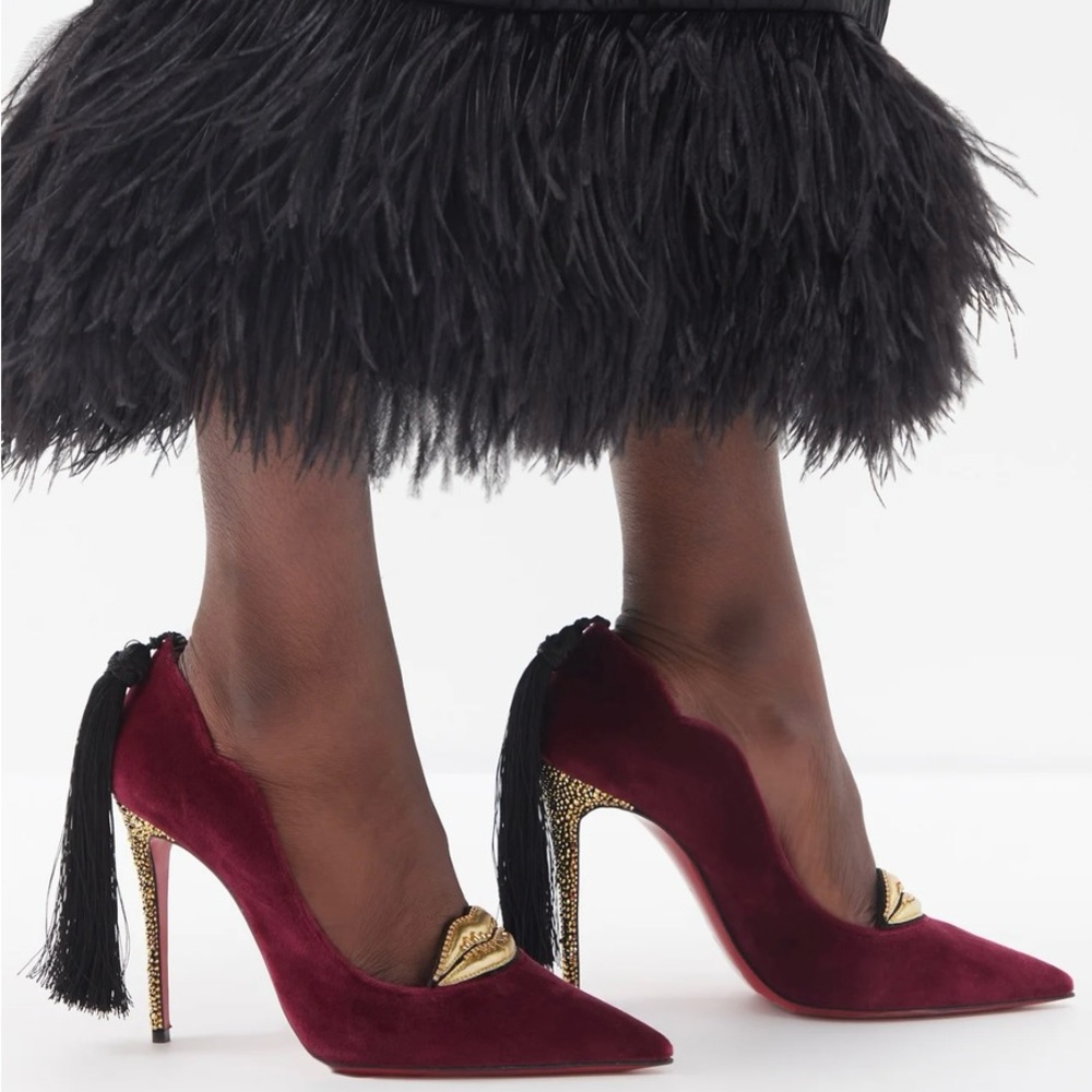 Christian Louboutin Hot Chick Kiss Velvet Burgundy Crystal Heel Pump Tassel Rare - Picture 11 of 13